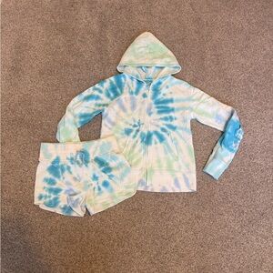 SO Blue and White Tie-Dye Kids Matching Set. Zip Hoodie and shorts. Large 10-12